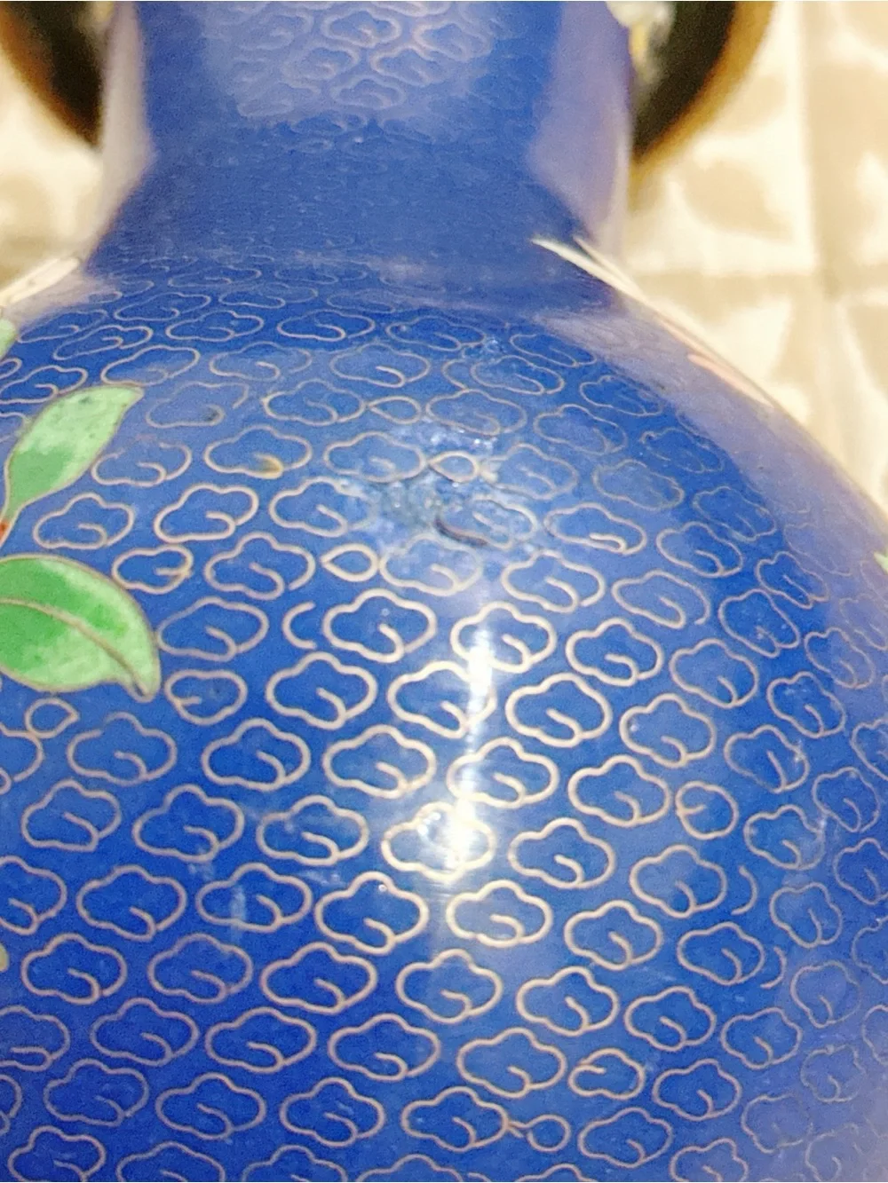Vintage Blue Cloisonné Floral Vase with White and Green Accents